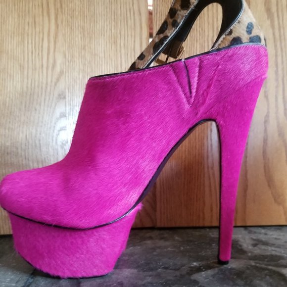 Rare size 11 Pink and Leopard Pony Hair 7 Inch Platform Heels - Picture 9 of 16